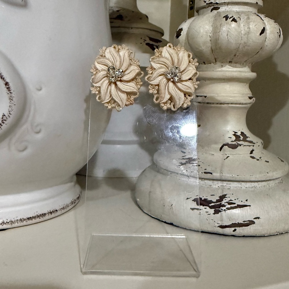 Vintage Celluloid Floral Clip Earrings with Rhinestones